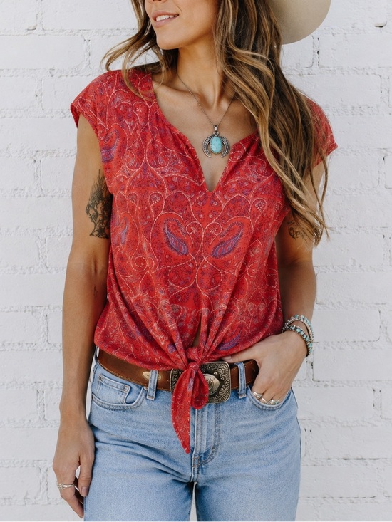 Lucky Brand Tops - Lucky Brand Paisley Tie Front Top Small Red Boho Western Peasant Festival